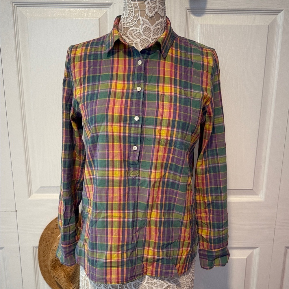 J.Crew plaid vibrant multicolor popover shirt button placket henley boy fit S